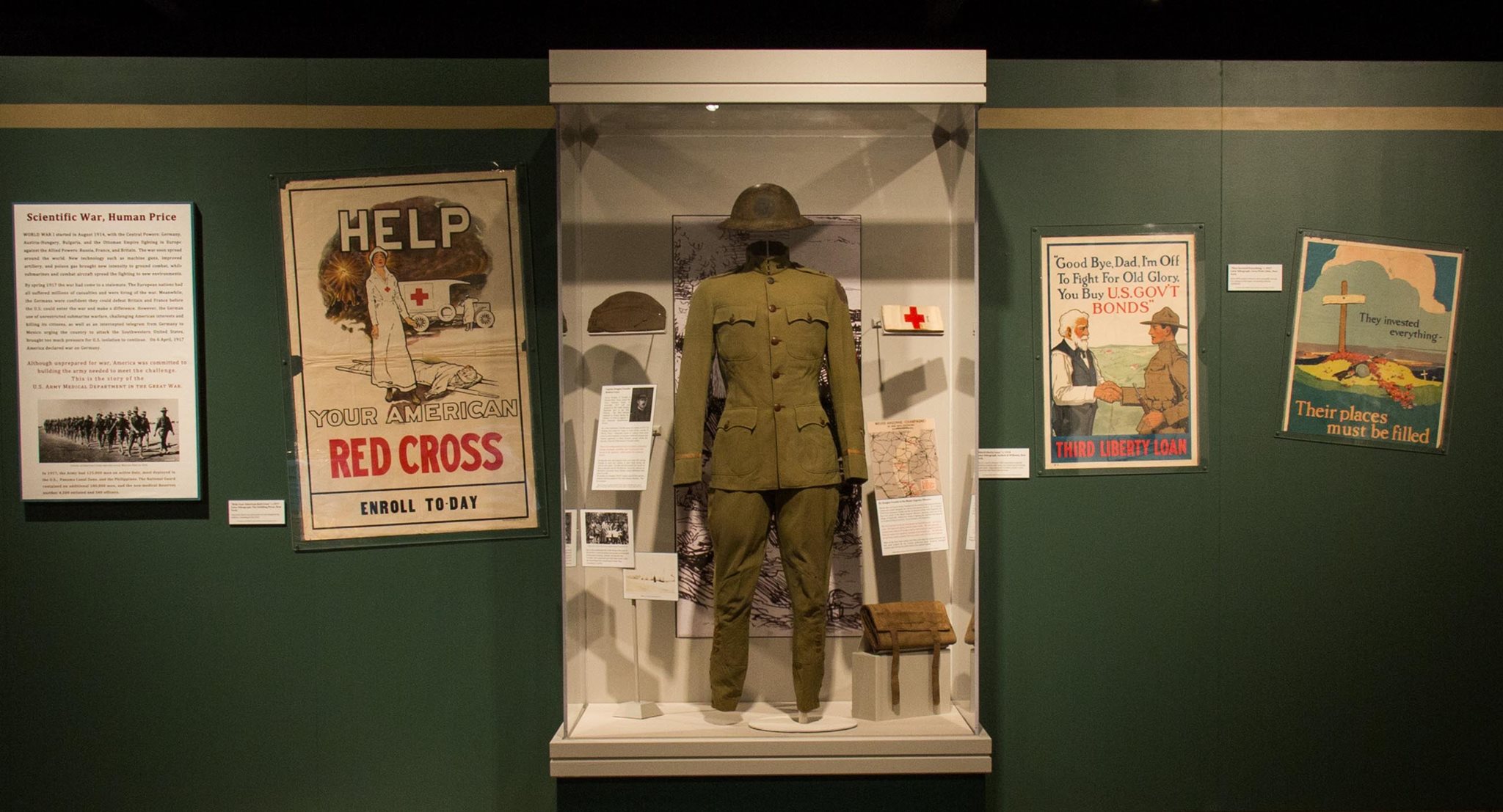 Museum artifacts on display alongside a wall inside the US Army Medical Museum.